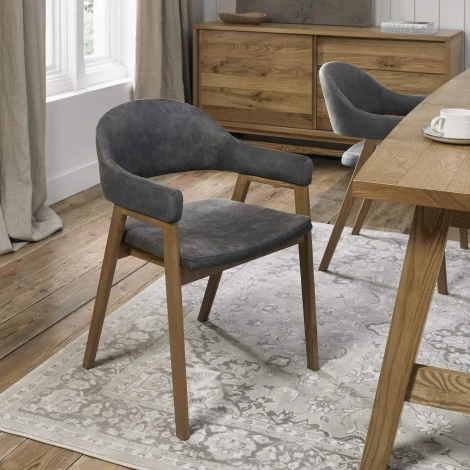 6049-09UA-DGY - Camden Rustic Oak Dining Arm Chair Dark Grey Fabric (Pair)