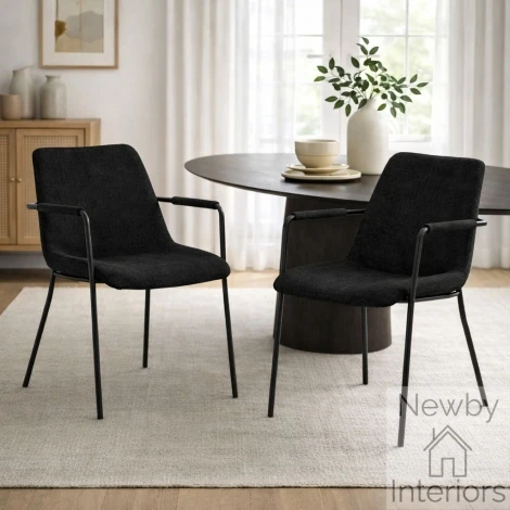 Carlo Black Textured Velvet Dining Chair with Arms Black Metal Legs (Pair)