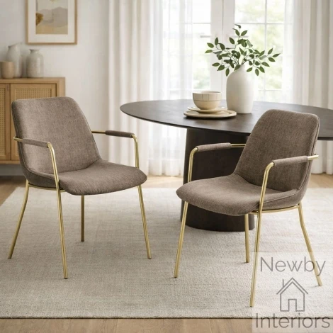 Carlo Taupe Textured Velvet Dining Chair with Arms Gold Metal Legs (Pair)