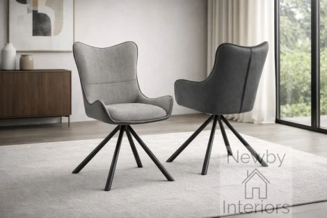 CH-168GR - Cayman Light & Dark Grey Swivel Dining Chair Contrasting Fabric Black Metal Spider Legs (Pair)