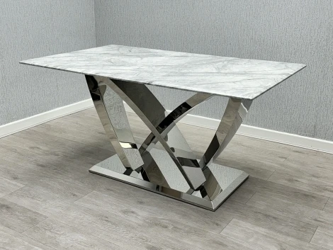 California Grey Marble 160cm Dining Table with Silver Abstract Base