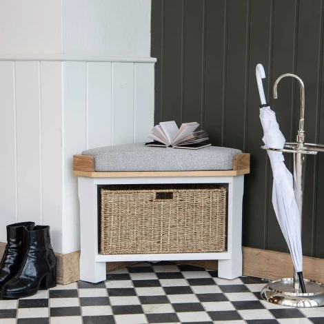 Farmhouse White & Oak Padded Hallway Corner Bench With Wicker Storage