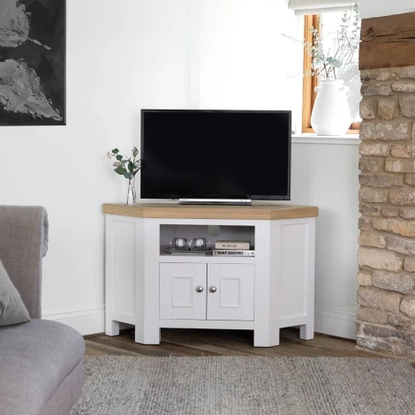 Farmhouse White & Oak Corner TV Unit 