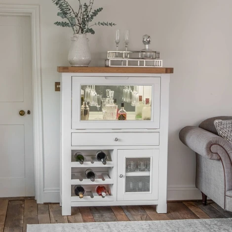 Farmhouse White & Oak Drinks Cabinet With Wine Racks