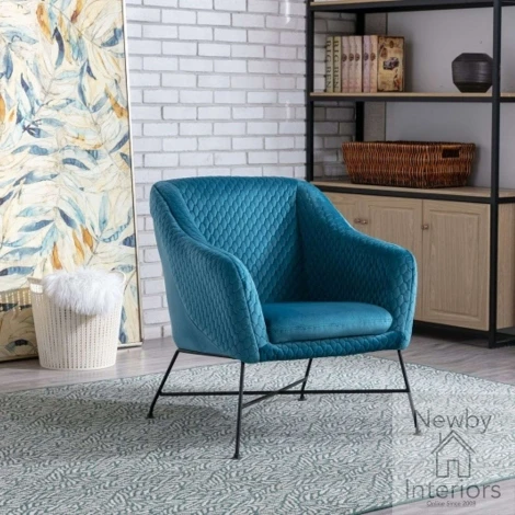 CLE-321-FB - Cleo Federal Blue Velvet Diamond Quilted Accent Chair with Metal Legs