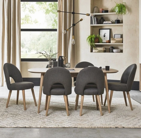 9129-3-09U-CS-6 - Dansk Scandi Oak 6-8 Seater Table & 6 Upholstered Chairs in Cold Steel Fabric