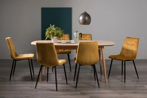 9129-3-10-VMU-6 - Dansk Scandi Oak 6-8 Seater Table & 6 Mondrian Mustard Velvet Chairs