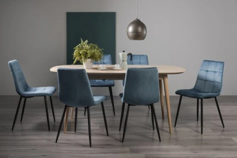9129-3-10-VPB-6 - Dansk Scandi Oak 6-8 Seater Table & 6 Mondrian Petrol Blue Velvet Chairs