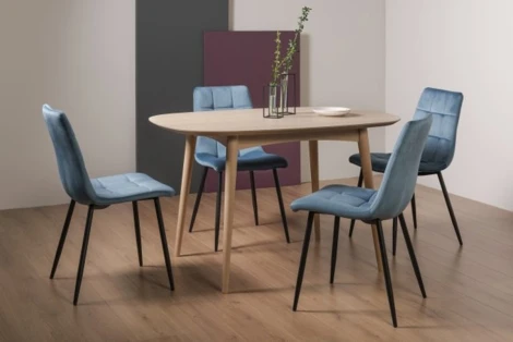 9129-5-10-VPB-4 - Dansk Scandi Oak 4 Seater Table & 4 Mondrian Petrol Blue Velvet Chairs