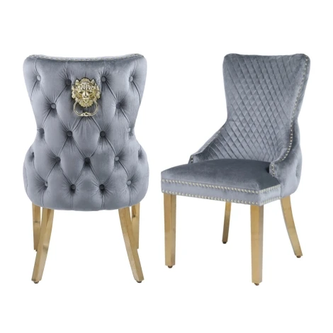 Victoria Grey Velvet, Gold Lion Knocker Chair (Pair)