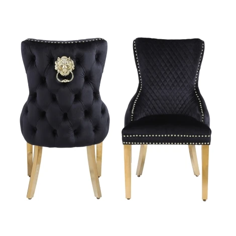 Victoria Black Velvet, Gold Lion Knocker Chair (Pair)