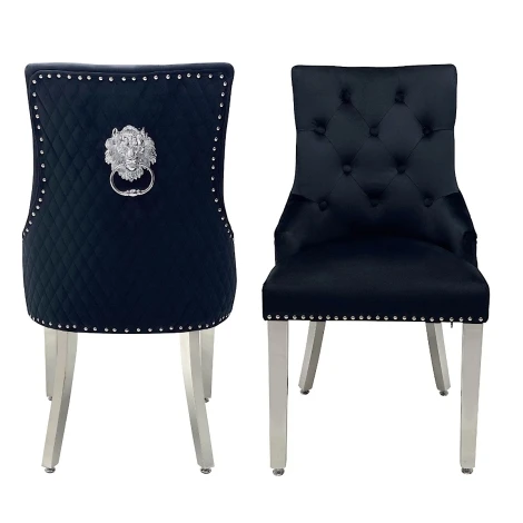 Majestic Black Velvet, Silver Lion Knocker Chair (Pair)