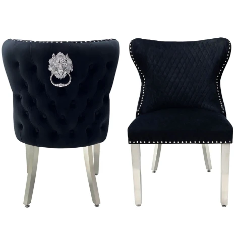Valentino Black Velvet, Silver Lion Knocker Chair (Pair)