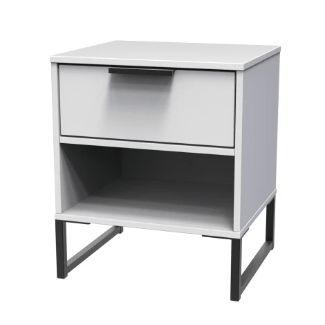 Diego White Matt Double 1 Drawer Bedside Table Black Sleigh Leg