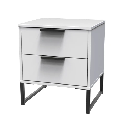 Diego White Matt 2 Drawer Bedside Cabinet Black Sleigh Leg