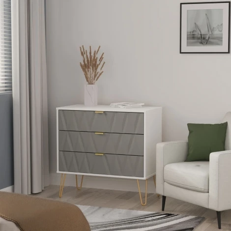 DIF010-WM-SM - Diamond Shadow & White Matt 3 Drawer Wide Chest