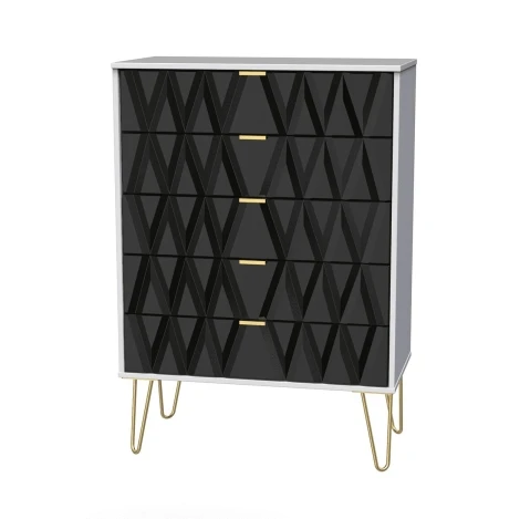 Diamond Deep Black & White Matt 5 Drawer Wide Chest