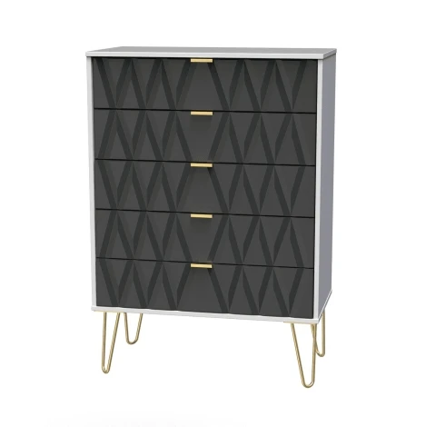 DIF012-WM-GB - Diamond Graphite & White Matt 5 Drawer Wide Chest