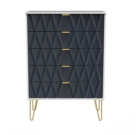 Diamond Indigo & White Matt 5 Drawer Wide Chest