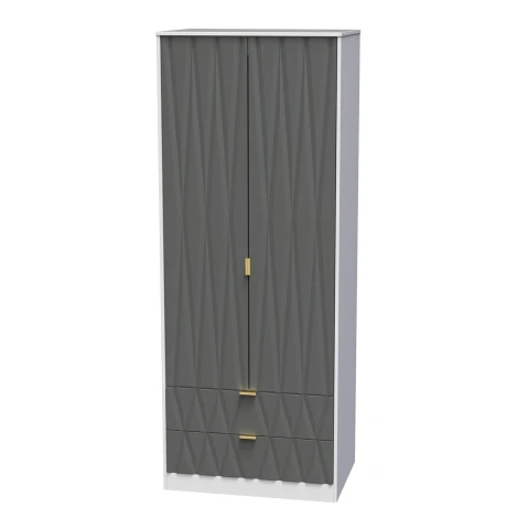 DIF081-WM-SM - Diamond Shadow & White Matt 2 Door 2 Drawer Double Tall Plain Wardrobe