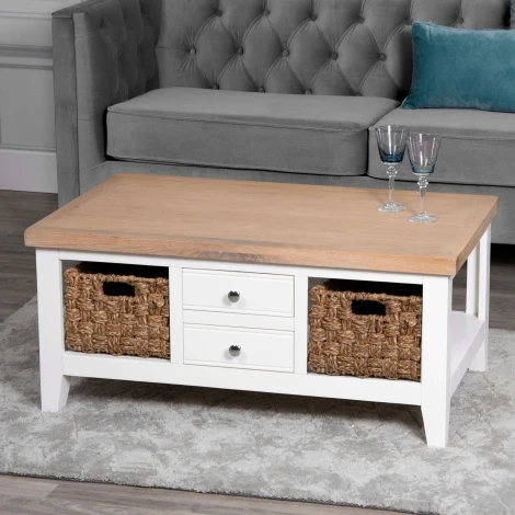 Eaton - Oak and White - Painted - 2 Drawer Coffee Table wIth Baskets