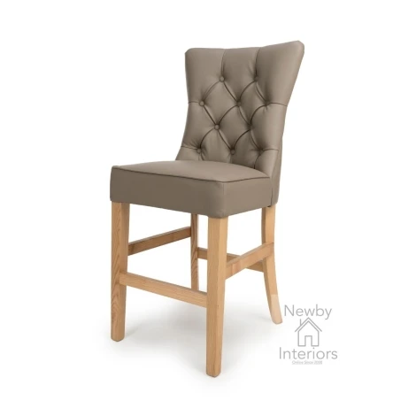 EAT-240-TA - Eaton Taupe Leather Effect Buttoned Back Counter Chair with Oak Finish Legs