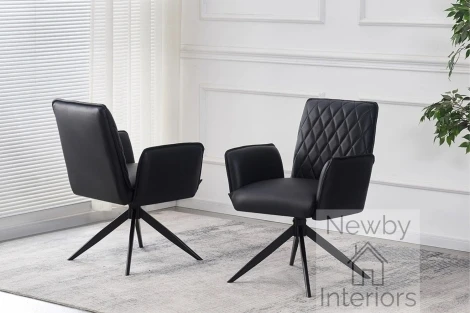CH-227BL - Eclat Black PU Leather Swivel Dining Chair With Arms Diamond Stitched & Black Spider Leg Base (Pair)