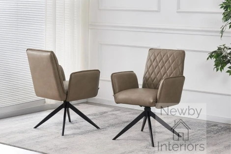 CH-227TA - Eclat Taupe PU Leather Swivel Dining Chair With Arms Diamond Stitched & Black Spider Leg Base (Pair)