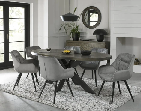 4015-4-40-VGY-6 - Ellipse Fumed Oak 6 Seater Table & 6 Dali Grey Velvet Chairs - Black Legs