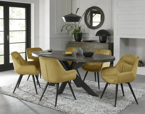 4015-4-40-VMU-6 - Ellipse Fumed Oak 6 Seater Table & 6 Dali Mustard Velvet Chairs - Black Legs