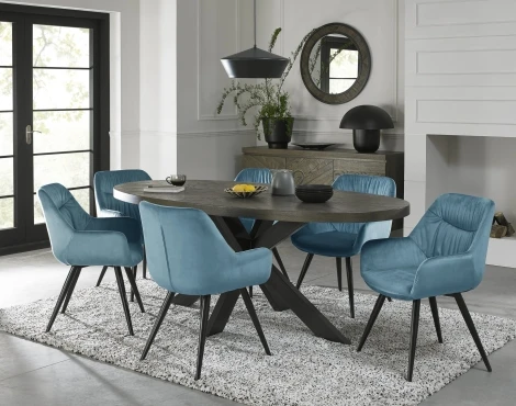 4015-4-40-VPB-6 - Ellipse Fumed Oak 6 Seater Table & 6 Dali Petrol Blue Velvet Chairs - Black Legs