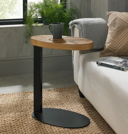Ellipse Rustic Oak Sofa Table Black Metal Base