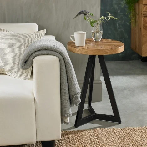 Ellipse Rustic Oak Lamp Table Black Metal Base