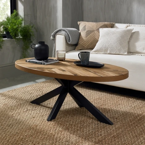 Ellipse Rustic Oak Small Coffee Table Black Metal Base