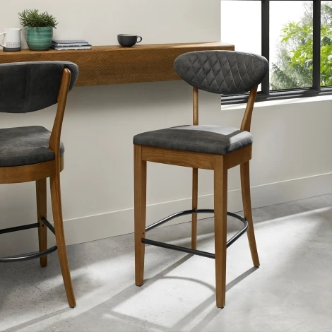 Ellipse Rustic Oak Bar Stool Dark Grey Fabric (Pair)