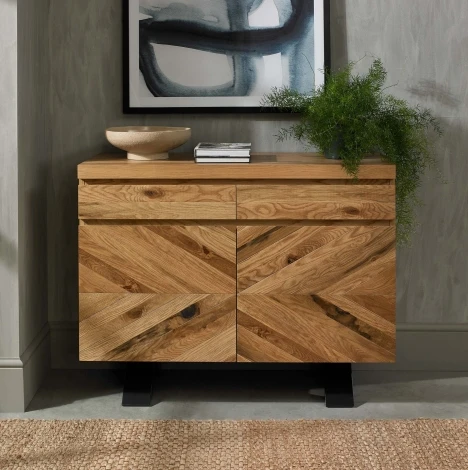 Ellipse Rustic Oak Narrow Sideboard Black Metal Base