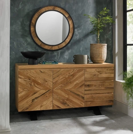 Ellipse Rustic Oak Wide Sideboard Black Metal Base