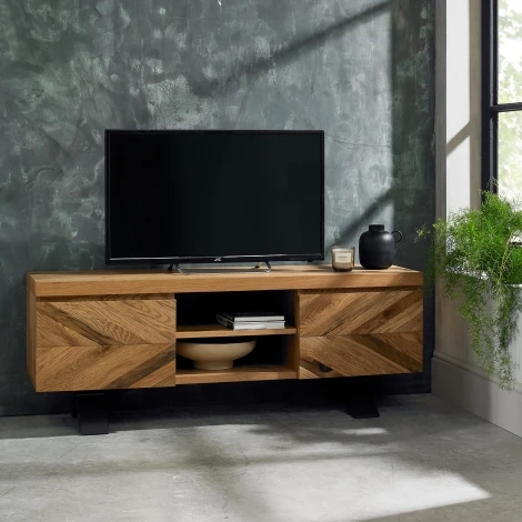 Ellipse Rustic Oak Widescreen TV Cabinet Black Metal Base