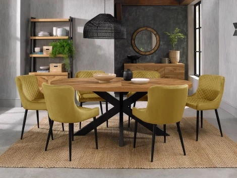 Ellipse Rustic Oak 200cm 6 Seater Dining Table & 6 Cezanne Mustard Velvet Chairs