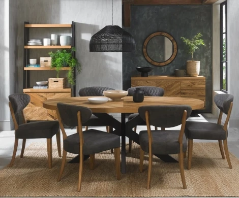 Ellipse Rustic Oak 200cm 6 Seater Dining Table & 6 Ellipse Chairs in Dark Grey Fabric