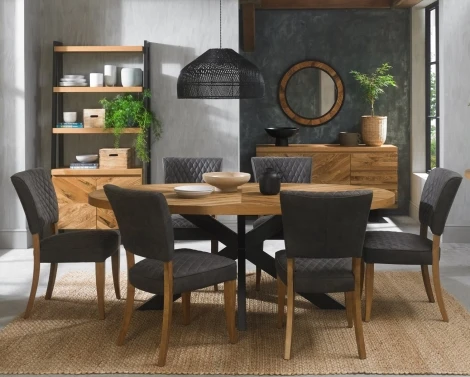 Ellipse Rustic Oak 200cm 6 Seater Dining Table & 6 Logan Chairs in Dark Grey Fabric