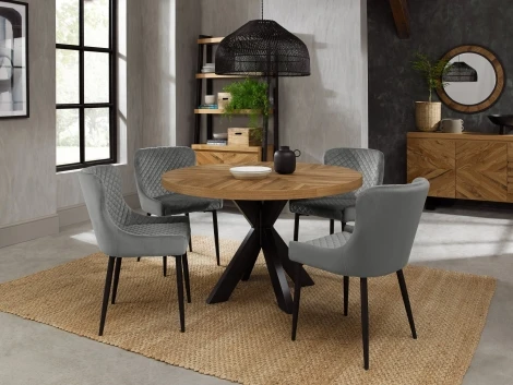 Ellipse Rustic Oak 125cm Round Dining Table & 4 Cezanne Dining Chairs Grey Velvet