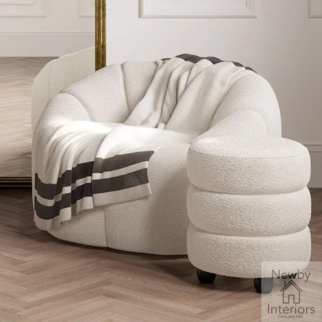 EMIIVOPOU - Emi Ivory Chenille Velvet Curve Line Pouffe with Black Feet