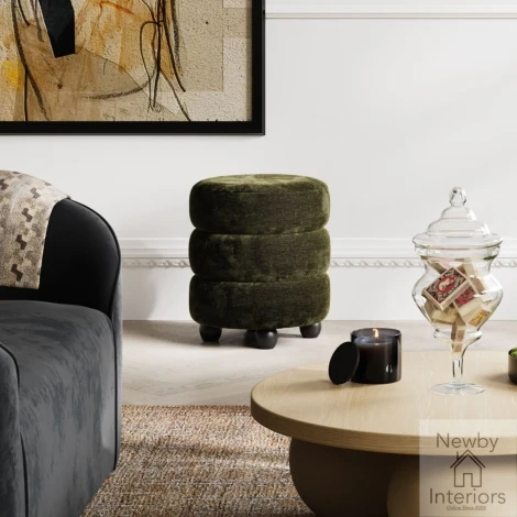 EMIOLIPOU - Emi Olive Chenille Velvet Curve Line Pouffe with Black Feet