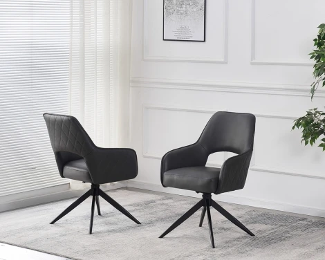 CH-219DG - Enrica - 2x Dark Grey Faux Leather Swivel Dining Chair with Black Metal Legs