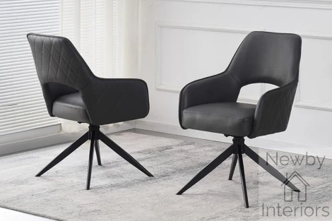 CH-219DG - Enrica Grey PU Leather Swivel Dining Chair With Arms Diamond Stitched & Black Spider Leg Base (Pair)