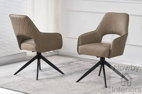CH-219TA - Enrica Taupe PU Leather Swivel Dining Chair With Arms Diamond Stitched & Black Spider Leg Base (Pair)