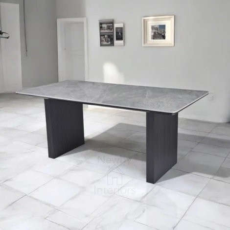 DT1402 - Engelberg Grey Ceramic Dining Table Black Wood Ribbed Base (180cm)