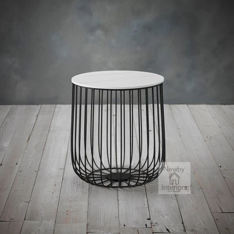 ENZOBLASMLMAR - Enzo White Marble Top & Black Cage Style Side Table