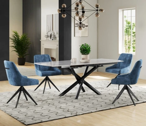 NH-TB-ENZO-PG-GLS-DC-HUGO-BLU-BL - Enna Light Grey Gloss Ceramic Extending Dining Table & Blue Chairs (120-180cm)